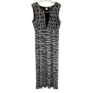NY Collection Women Black White Abstract Print Maxi Dress XL Sleeveless V Neck